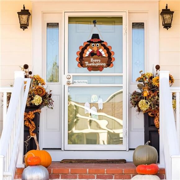 Thanksgiving Turkey Door Sign Happy Thanksgiving Wooden Front Doors Hanger - Picture 2 of 8